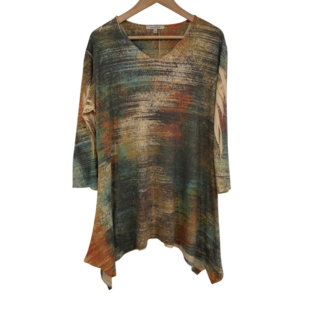 Jess & Jane Womens XL Abstract Rhinestone Handkerchief Hem Tunic Top Boho USA
